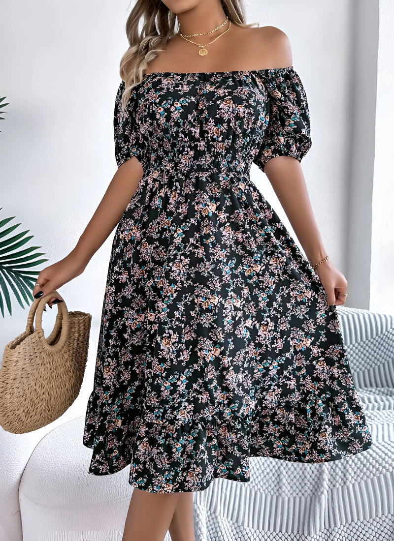 Floral Midi Dress with Puff Sleeves and Square Neck