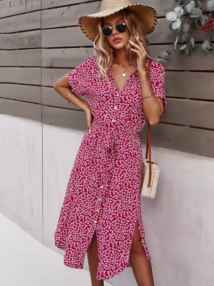 Women's V-Neck Floral Tie-Waist Maxi Dress