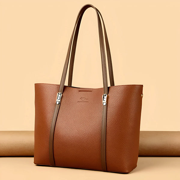 Textured Leather Tote Bag with Dual Closures