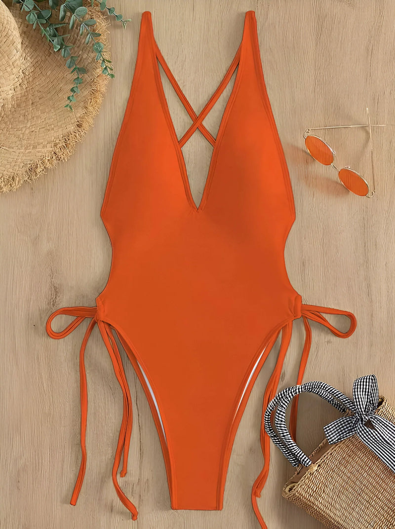 Deep V-Neck One-Piece Swimsuit