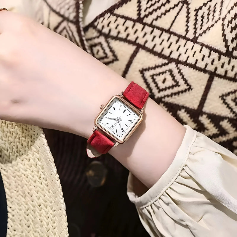 Square Dial Leather Strap GITD Watch for Women