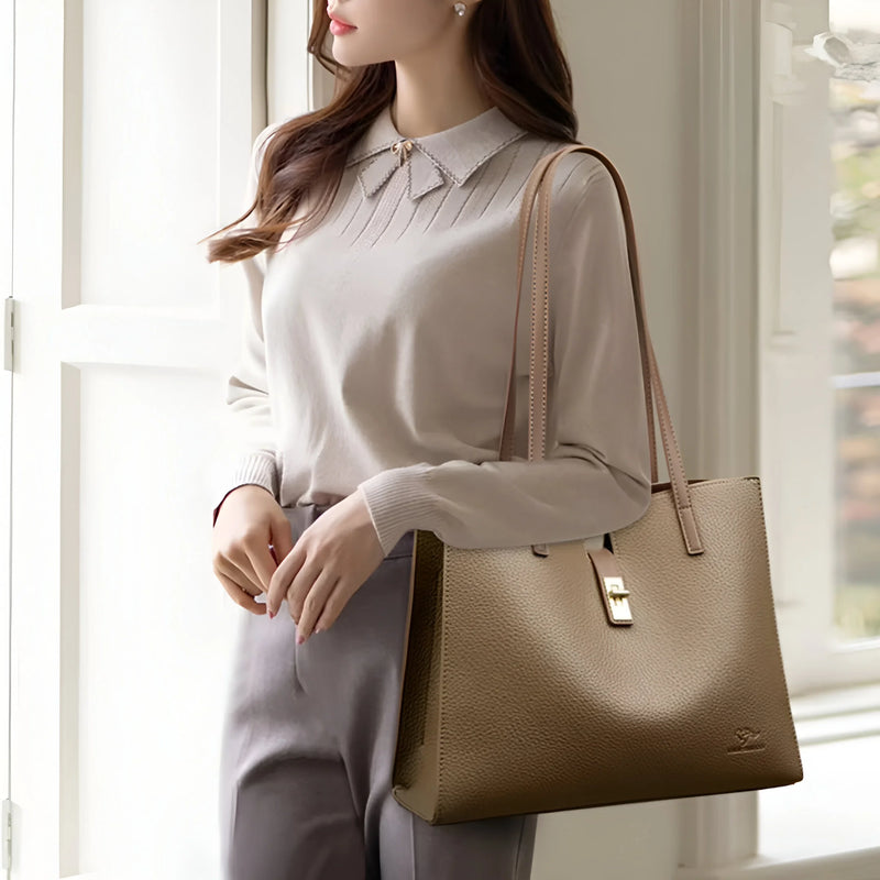 Textured Leather Tote Bag with Front Clasp