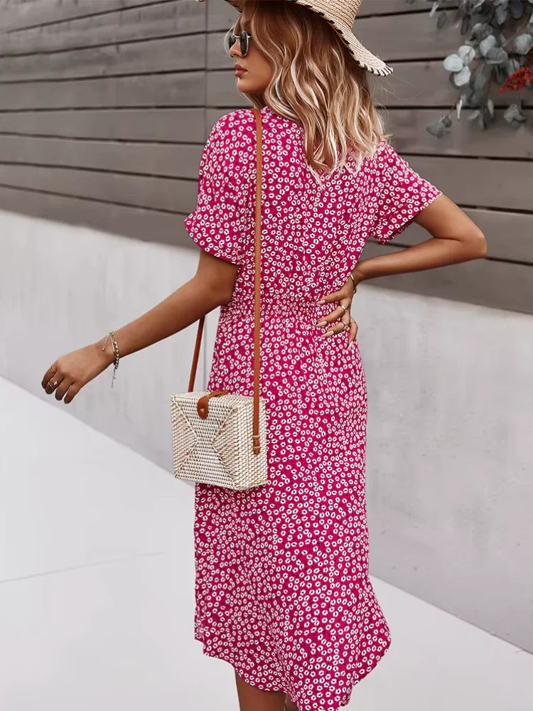 Women's V-Neck Floral Tie-Waist Maxi Dress