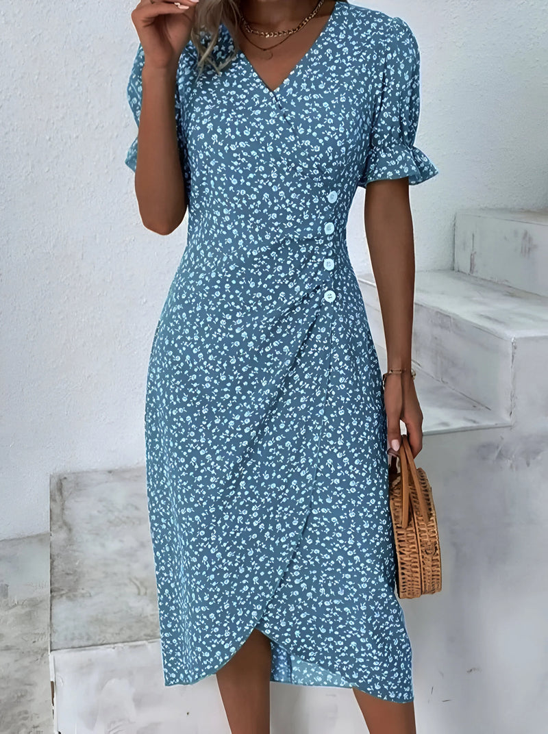 Floral Pleated V-Neck Midi Dress