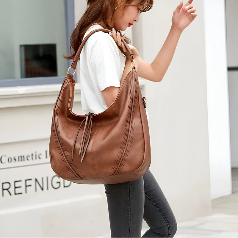 Two Piece Retro-Inspired Large Leather Shoulder Bag