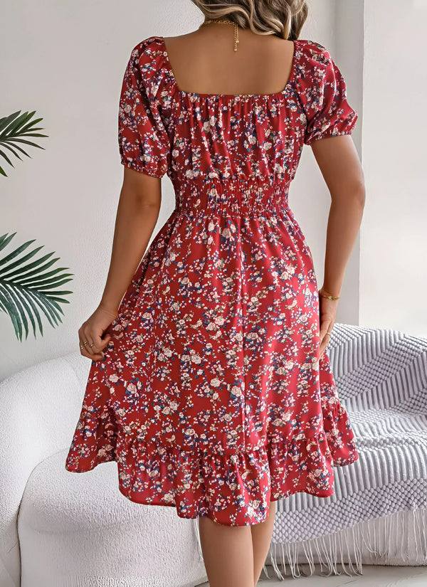 Floral Midi Dress with Puff Sleeves and Square Neck