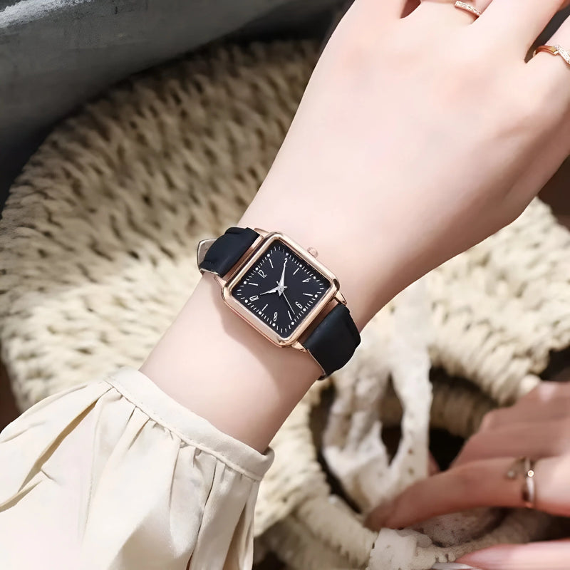 Square Dial Leather Strap GITD Watch for Women