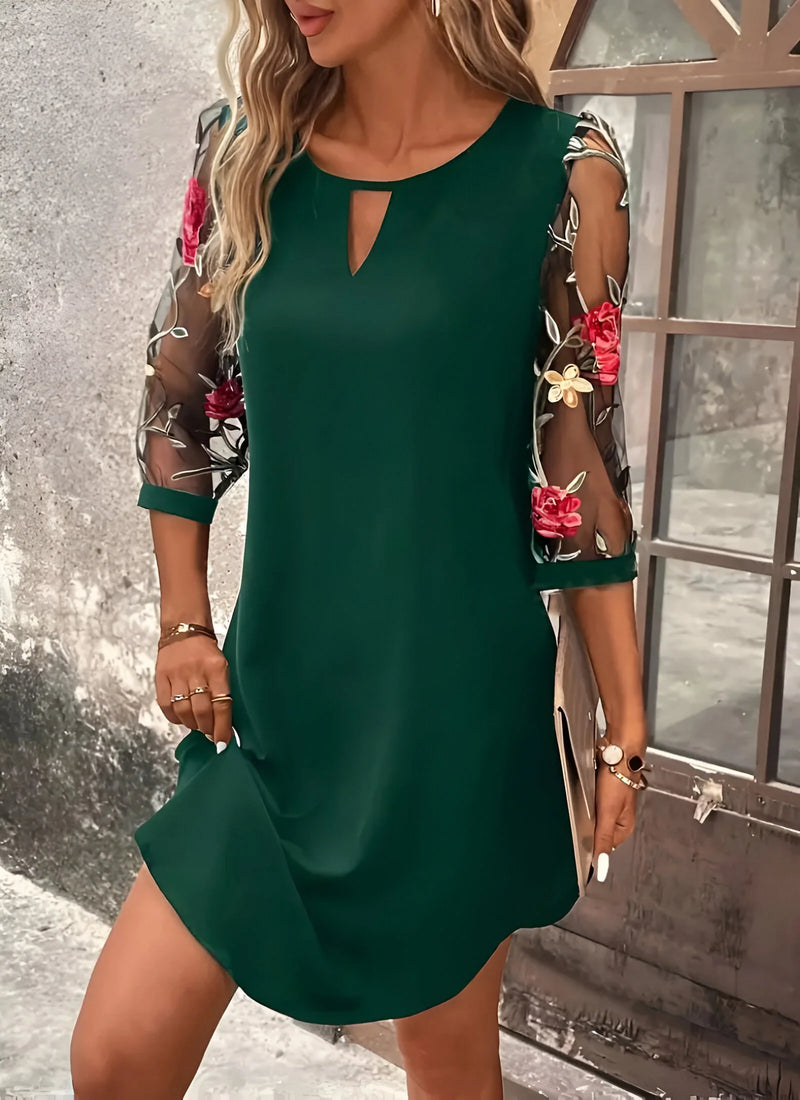 Floral Mesh Sleeve Dress with Keyhole Neckline