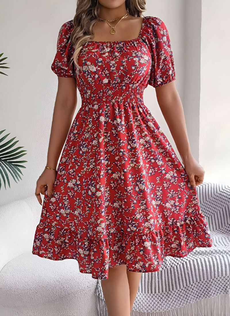 Floral Midi Dress with Puff Sleeves and Square Neck