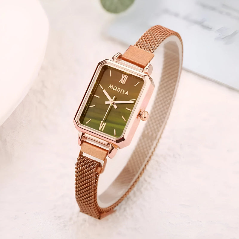 Rectangular Dial Stainless Steel Mesh Watch for Women