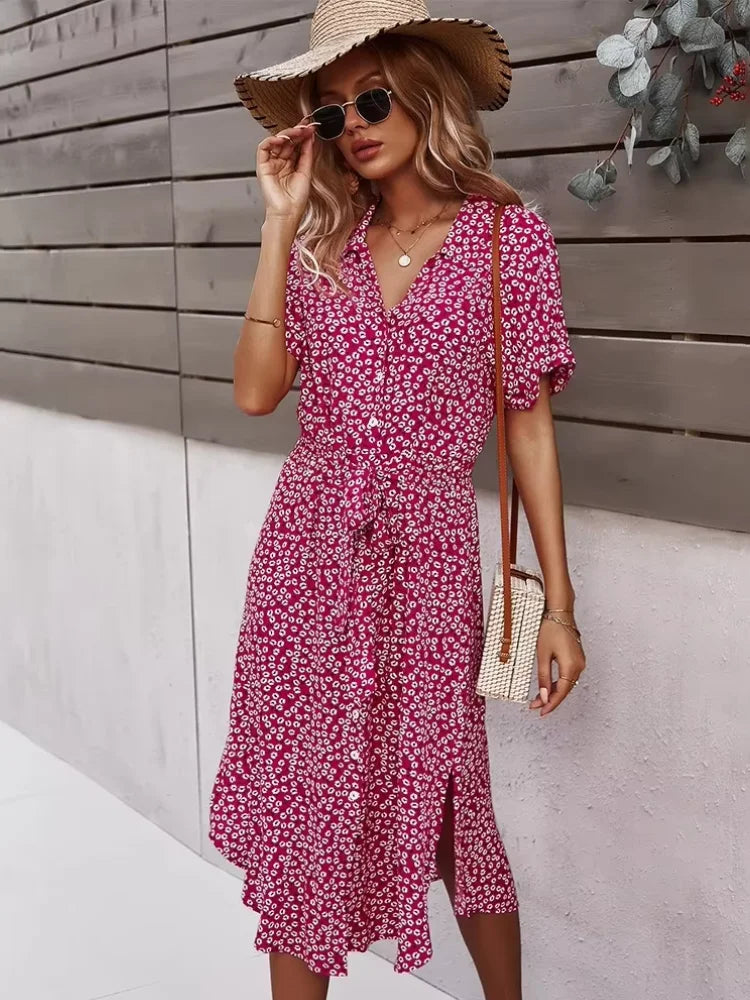 Women's V-Neck Floral Tie-Waist Maxi Dress