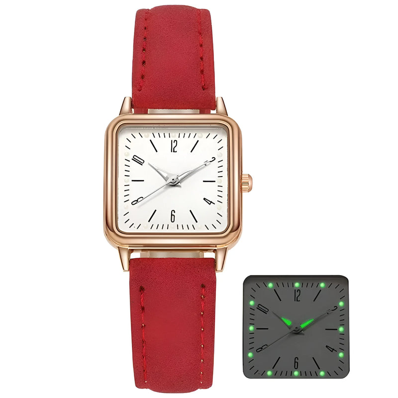 Square Dial Leather Strap GITD Watch for Women