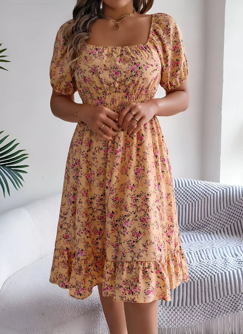 Floral Midi Dress with Puff Sleeves and Square Neck