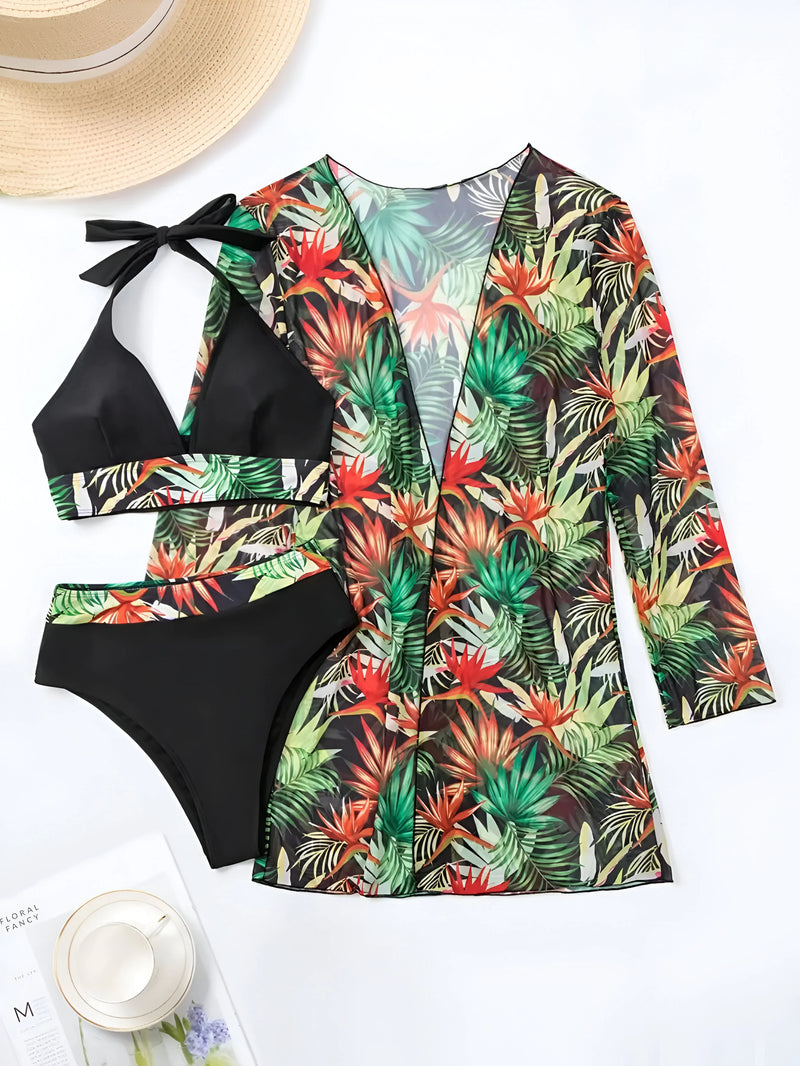 Three-Piece Bikini and Floral Cover-Up Set