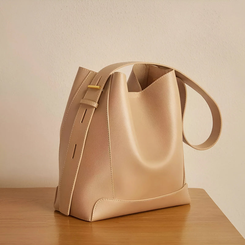 Button-Closure Bucket Shoulder Bag