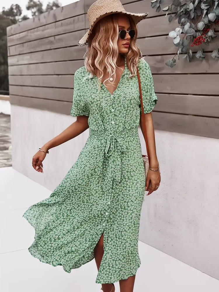 Women's V-Neck Floral Tie-Waist Maxi Dress