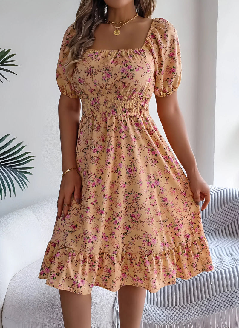 Floral Midi Dress with Puff Sleeves and Square Neck