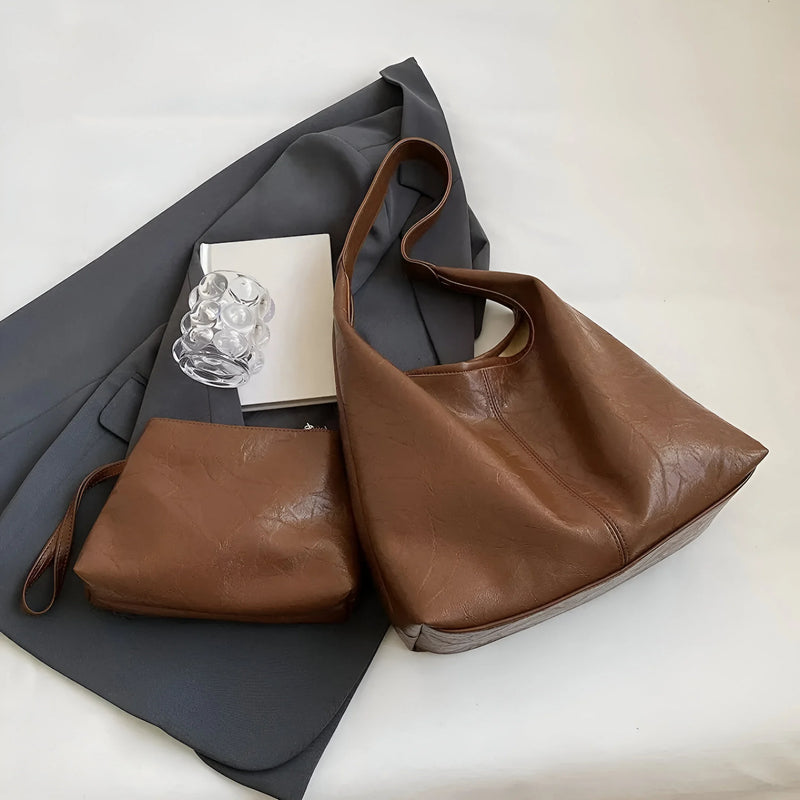 Two-Piece Large Leather Tote Bag