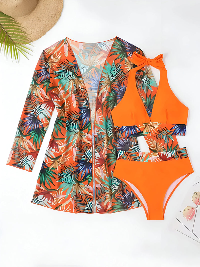 Three-Piece Bikini and Floral Cover-Up Set