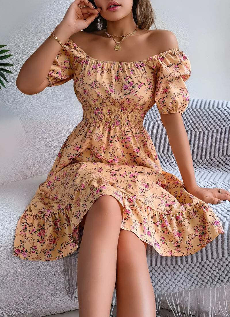 Floral Midi Dress with Puff Sleeves and Square Neck