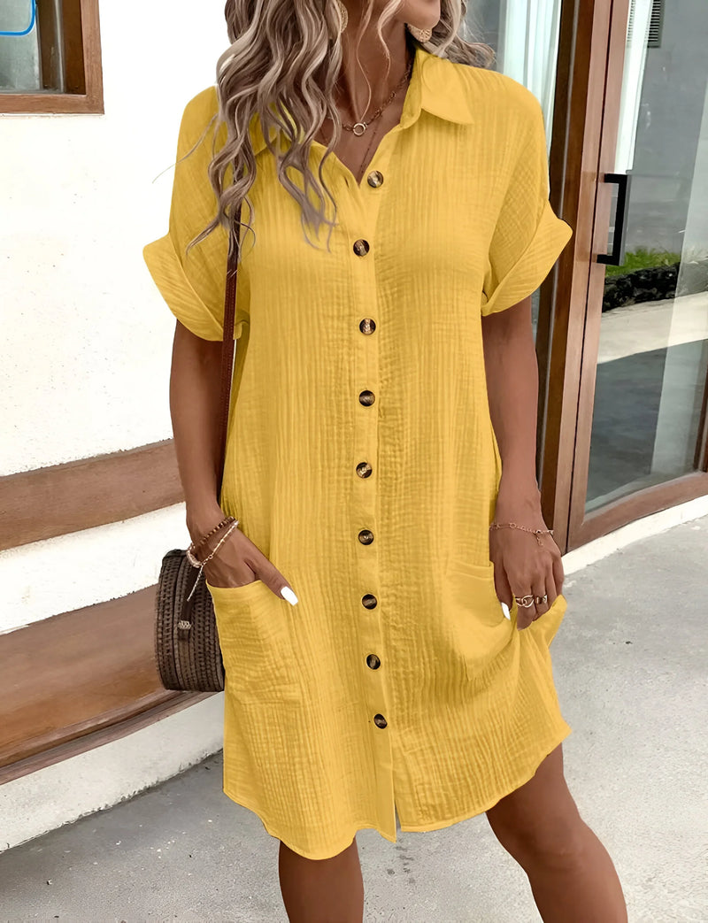 Button-Down Dress with Flip Collar and Pockets