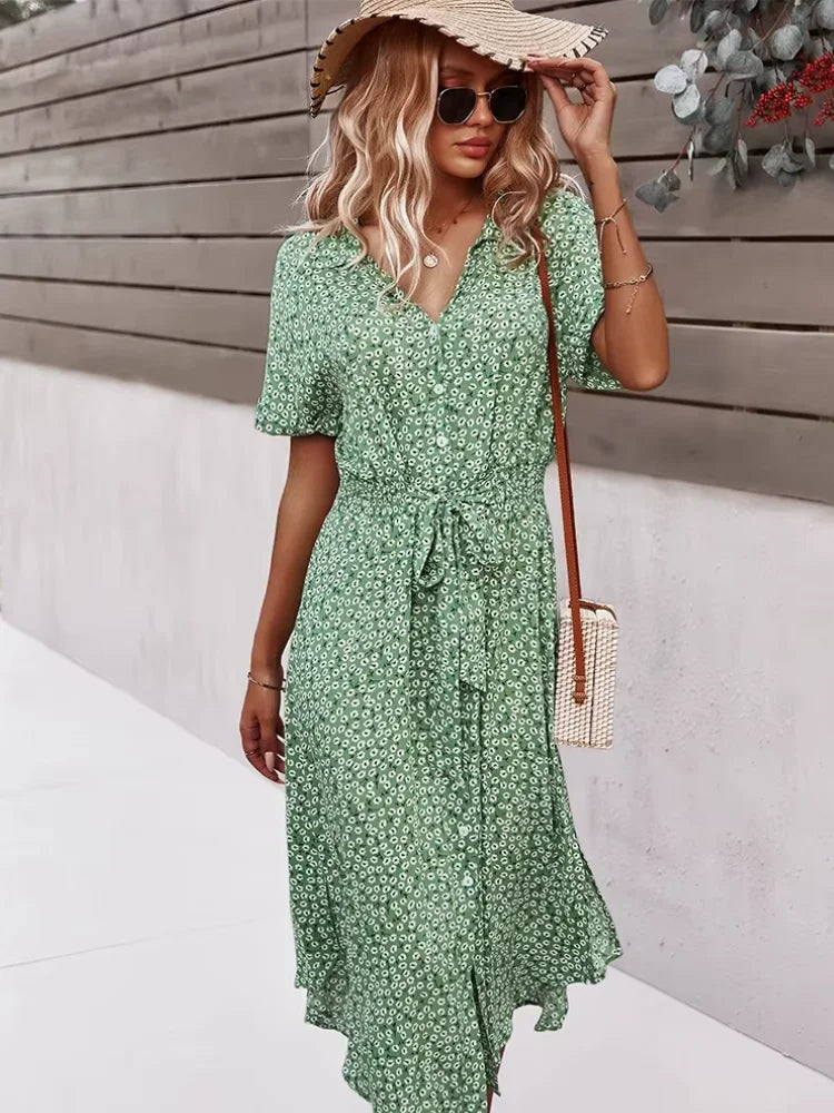 Women's V-Neck Floral Tie-Waist Maxi Dress