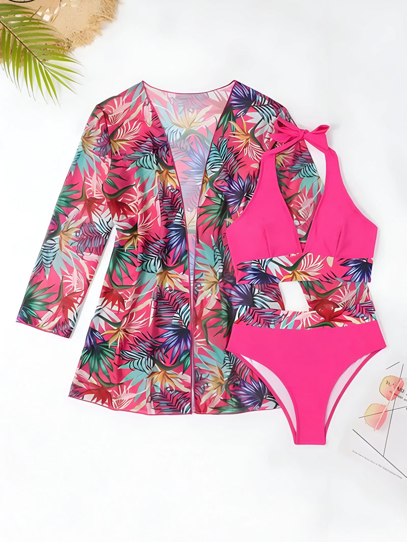 Three-Piece Bikini and Floral Cover-Up Set