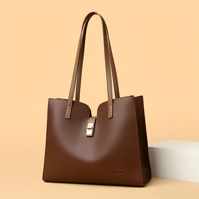 Textured Leather Tote Bag with Front Clasp