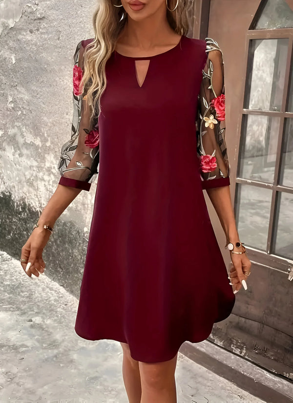 Floral Mesh Sleeve Dress with Keyhole Neckline