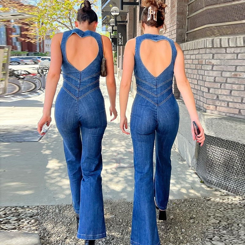 Heart Shaped Backless Denim Jumpsuit