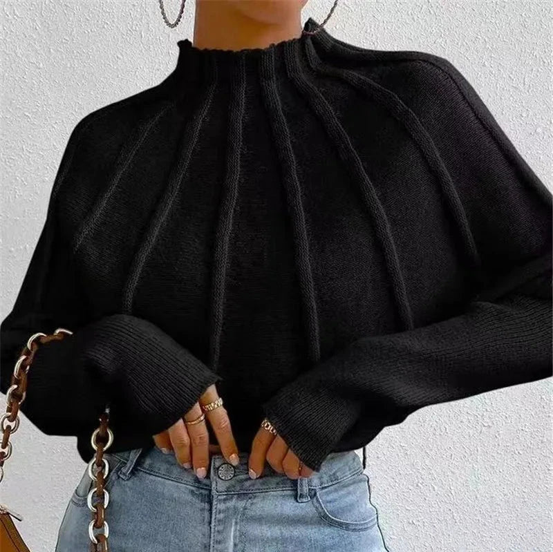 Knitted Mock Neck Batwing Sleeve Sweater