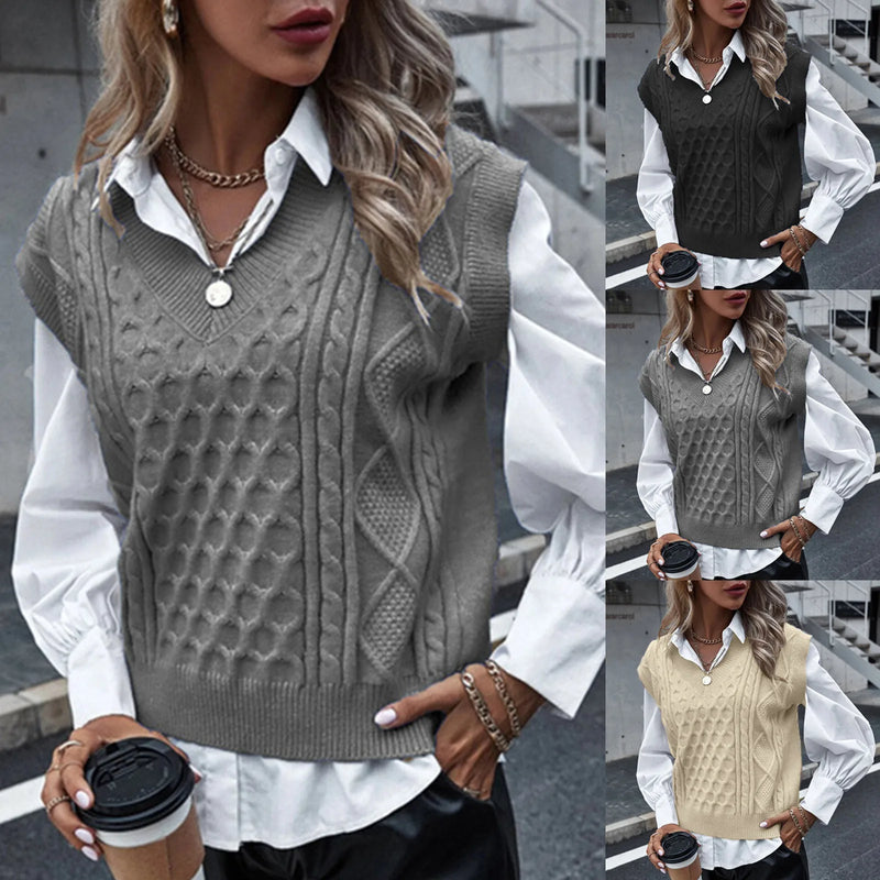 Knit V-Neck Vest Sleeveless Cable Sweater