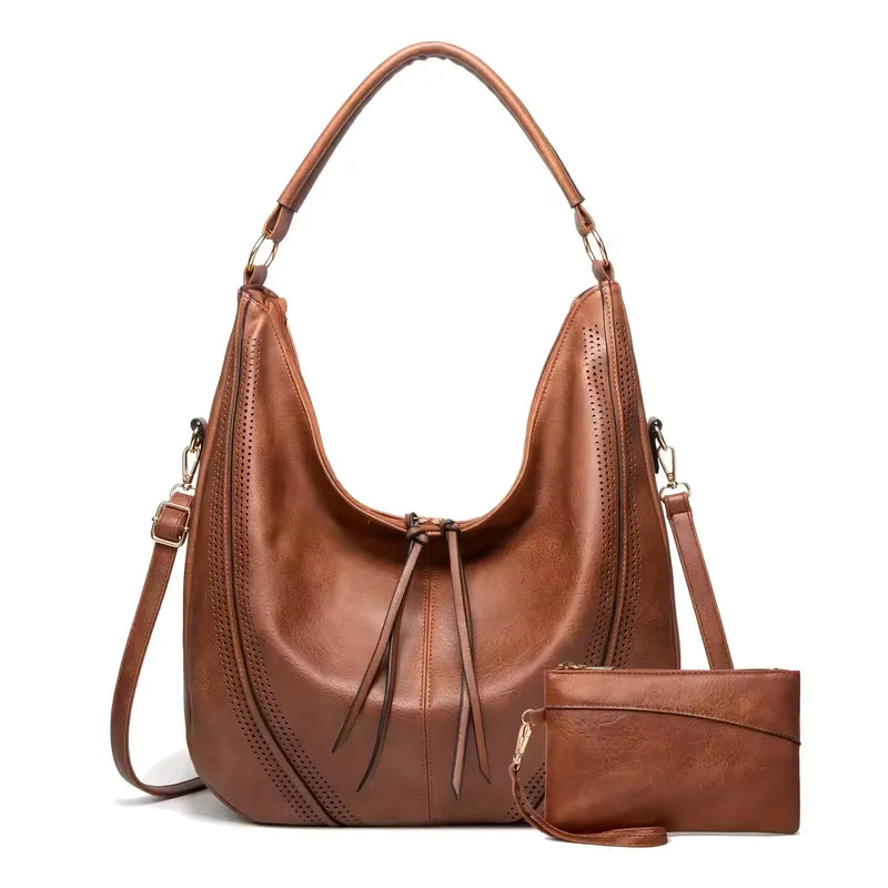 Two Piece Retro-Inspired Large Leather Shoulder Bag