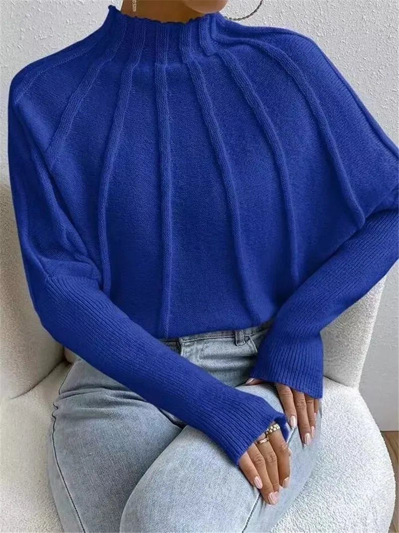 Knitted Mock Neck Batwing Sleeve Sweater