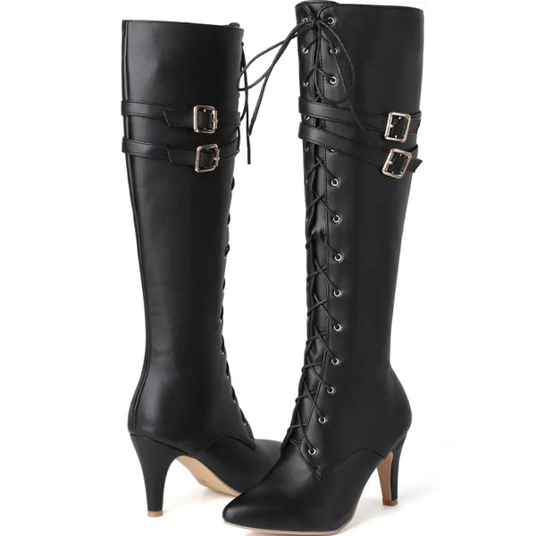 Women's Knee-High Block Heel Lace-Up Boots