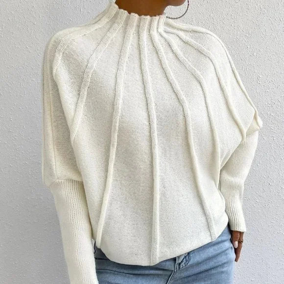 Knitted Mock Neck Batwing Sleeve Sweater