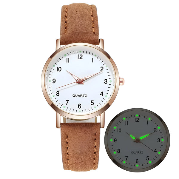 Glow-in-the-Dark Dial Watch with Leather Strap for Women